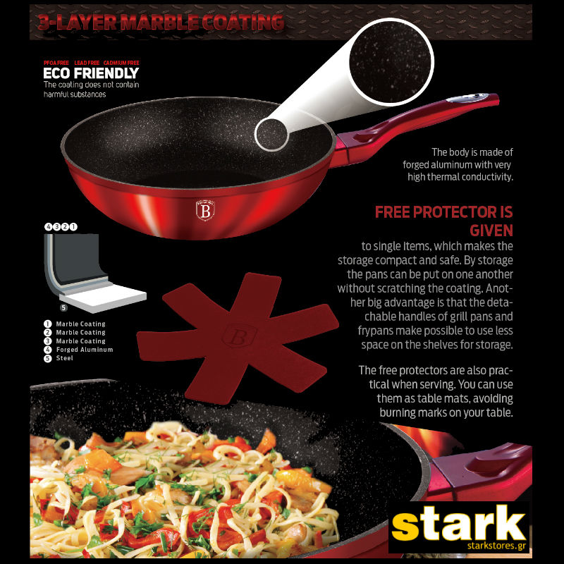 Αντικολλητικό Wok με τριπλή επίστρωση μαρμάρου 28 cm Burgundy Metallic Line Berlinger Haus BH-1267 - Image 2